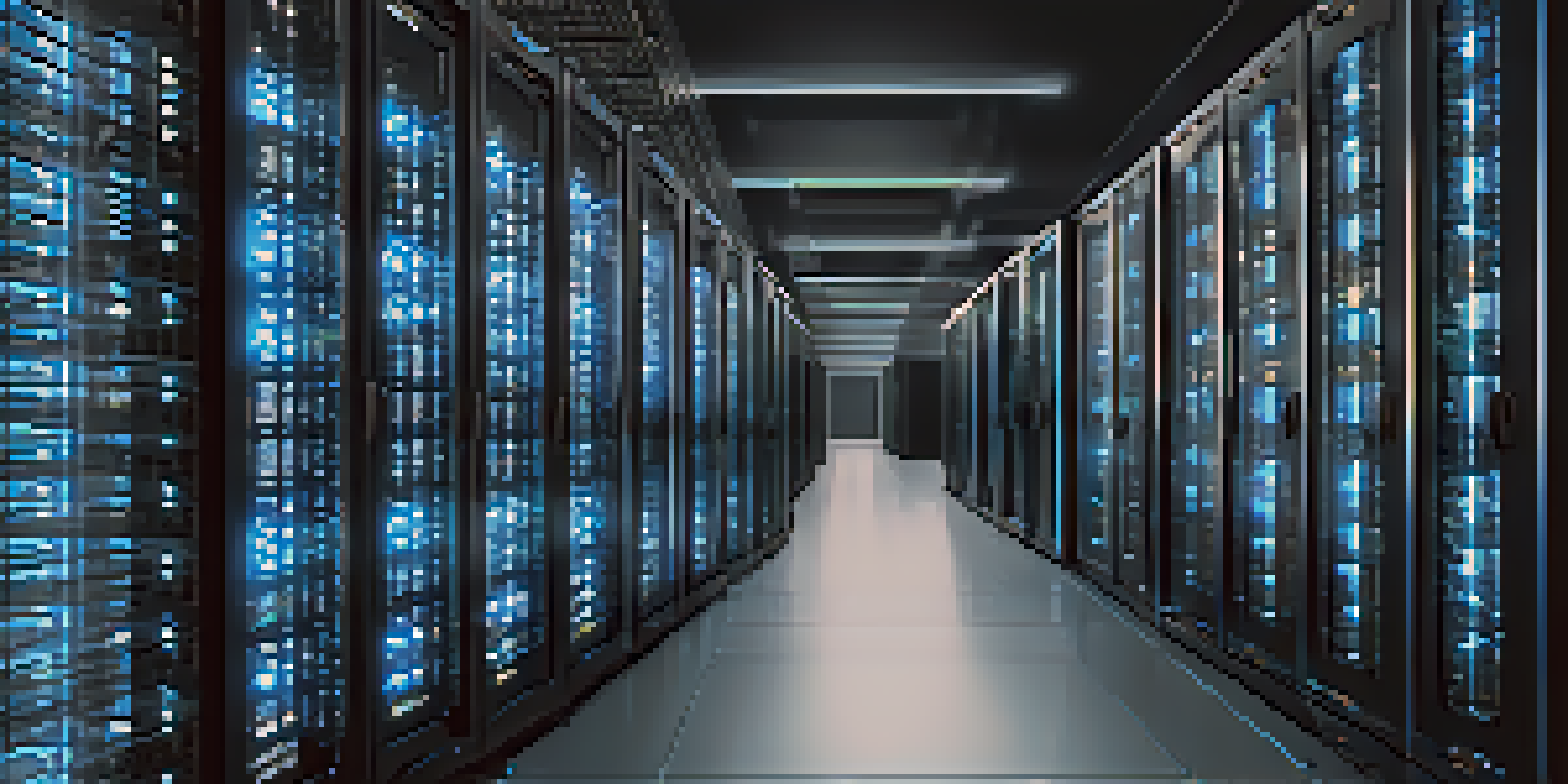 A close-up view of a dedicated server setup in a modern data center, showcasing black server racks and organized cables.