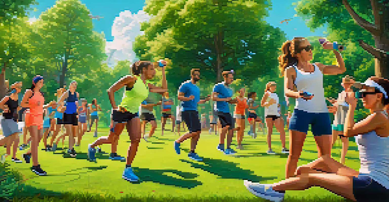 A group of friends in an outdoor park engaging in an augmented reality fitness challenge with virtual obstacles.