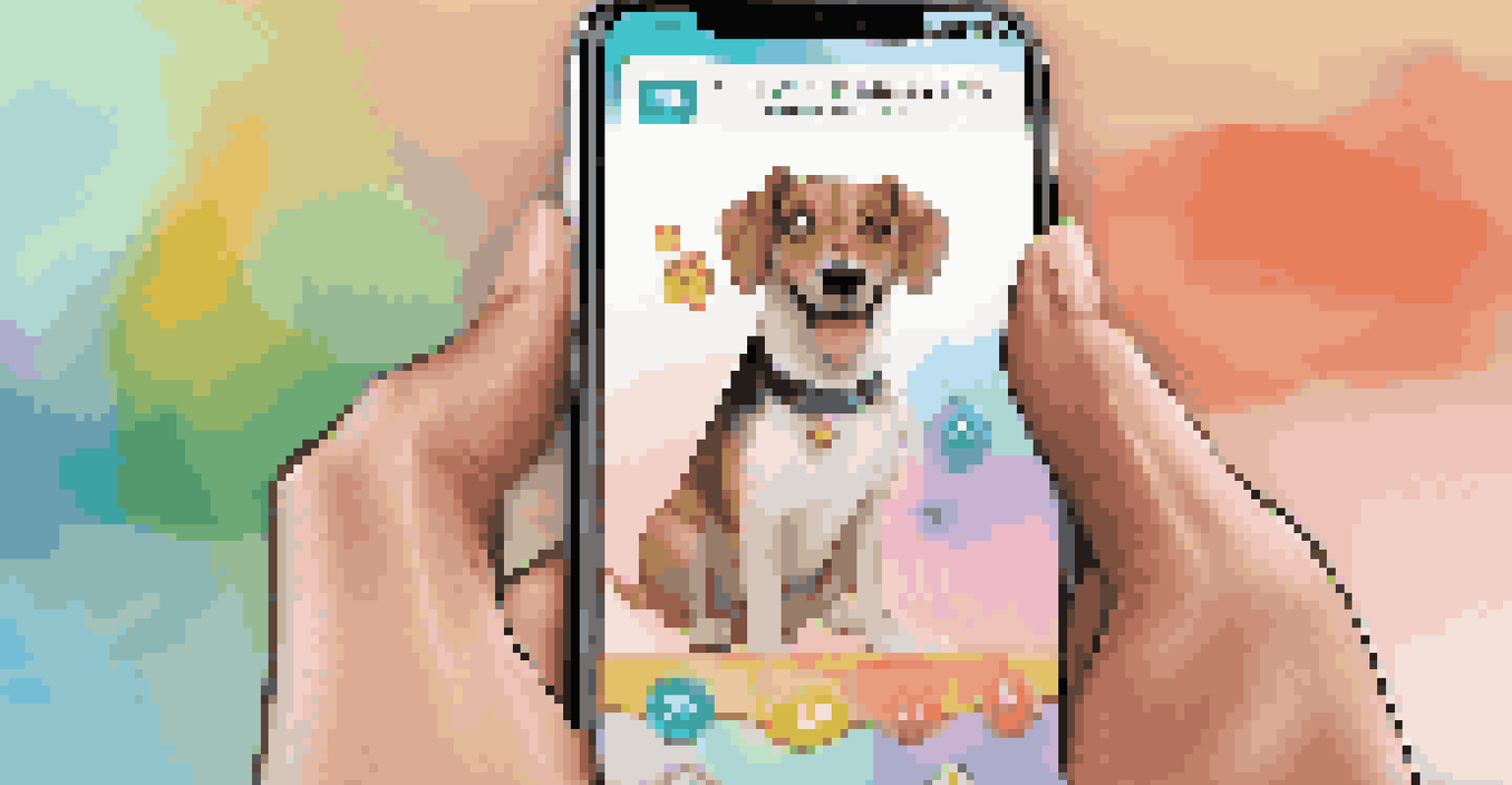 A smartphone screen showing a virtual dog in an AR training app, demonstrating commands.