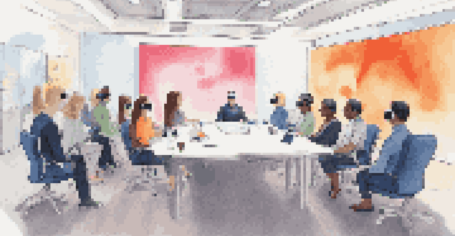 An illustration of a virtual reality training scenario with avatars in a meeting room discussing conflict, showcasing emotions and communication.