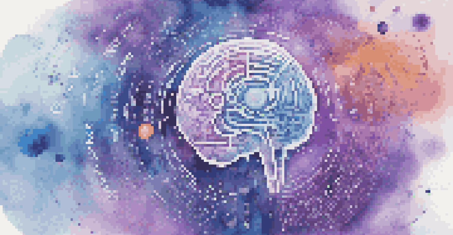 An abstract image of a brain surrounded by colorful words, set against a blue and purple gradient background.