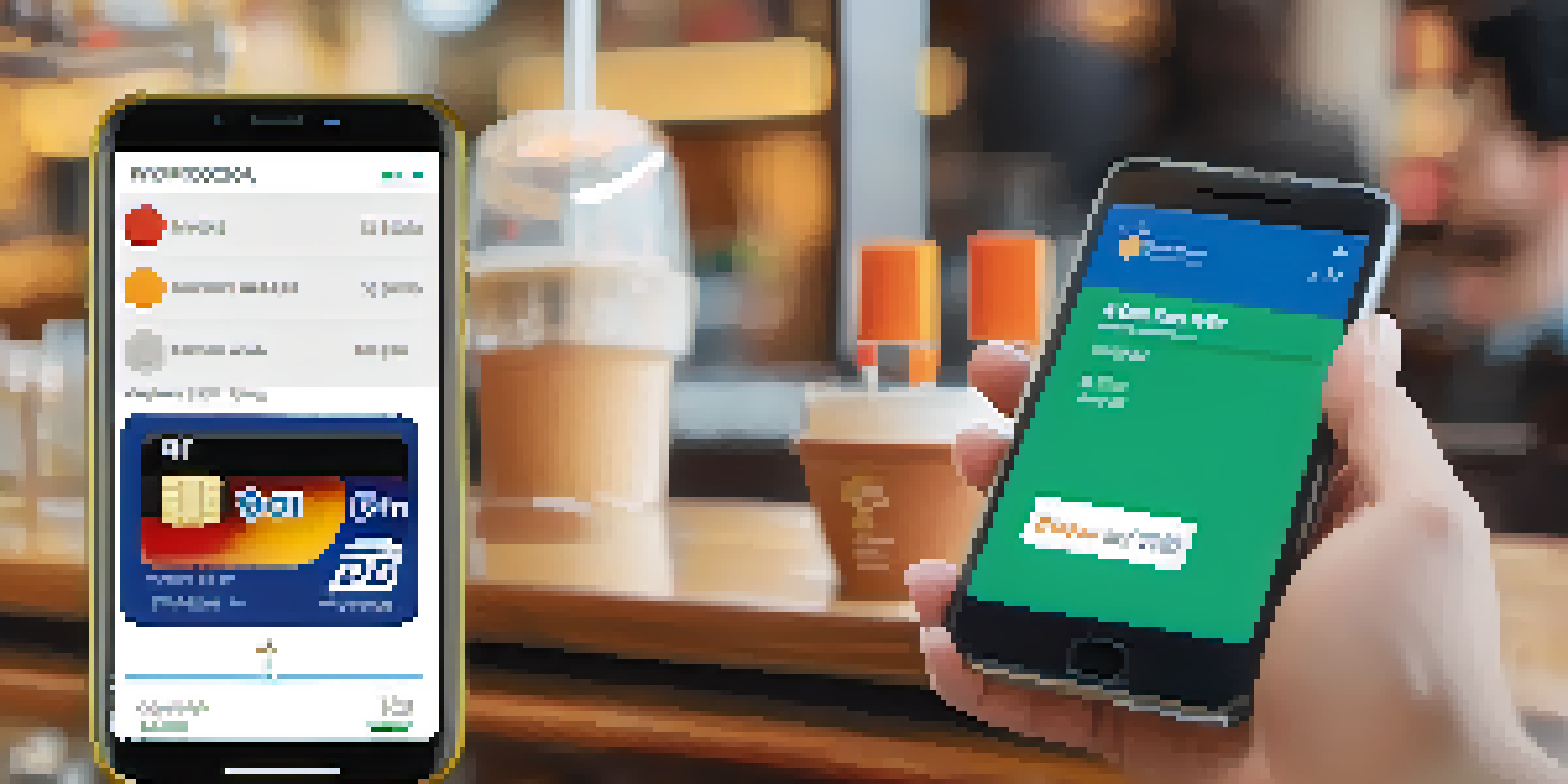 A hand holding a smartphone with a mobile wallet app in a coffee shop, emphasizing a contactless payment transaction.