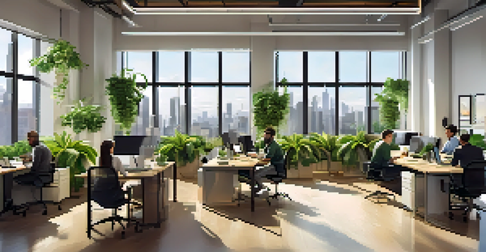 A bright and modern office with a diverse team working together at a table, plants and city skyline visible.