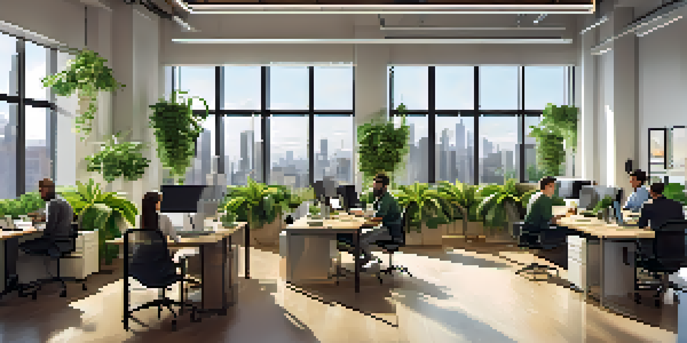 A bright and modern office with a diverse team working together at a table, plants and city skyline visible.