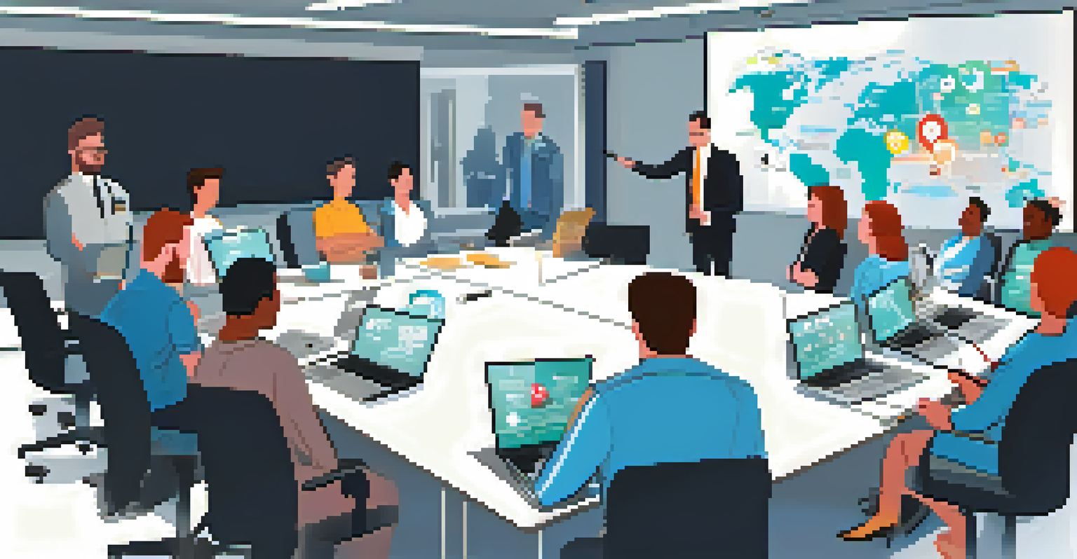 A group of employees participating in a cybersecurity training session with a presentation on phishing scams.