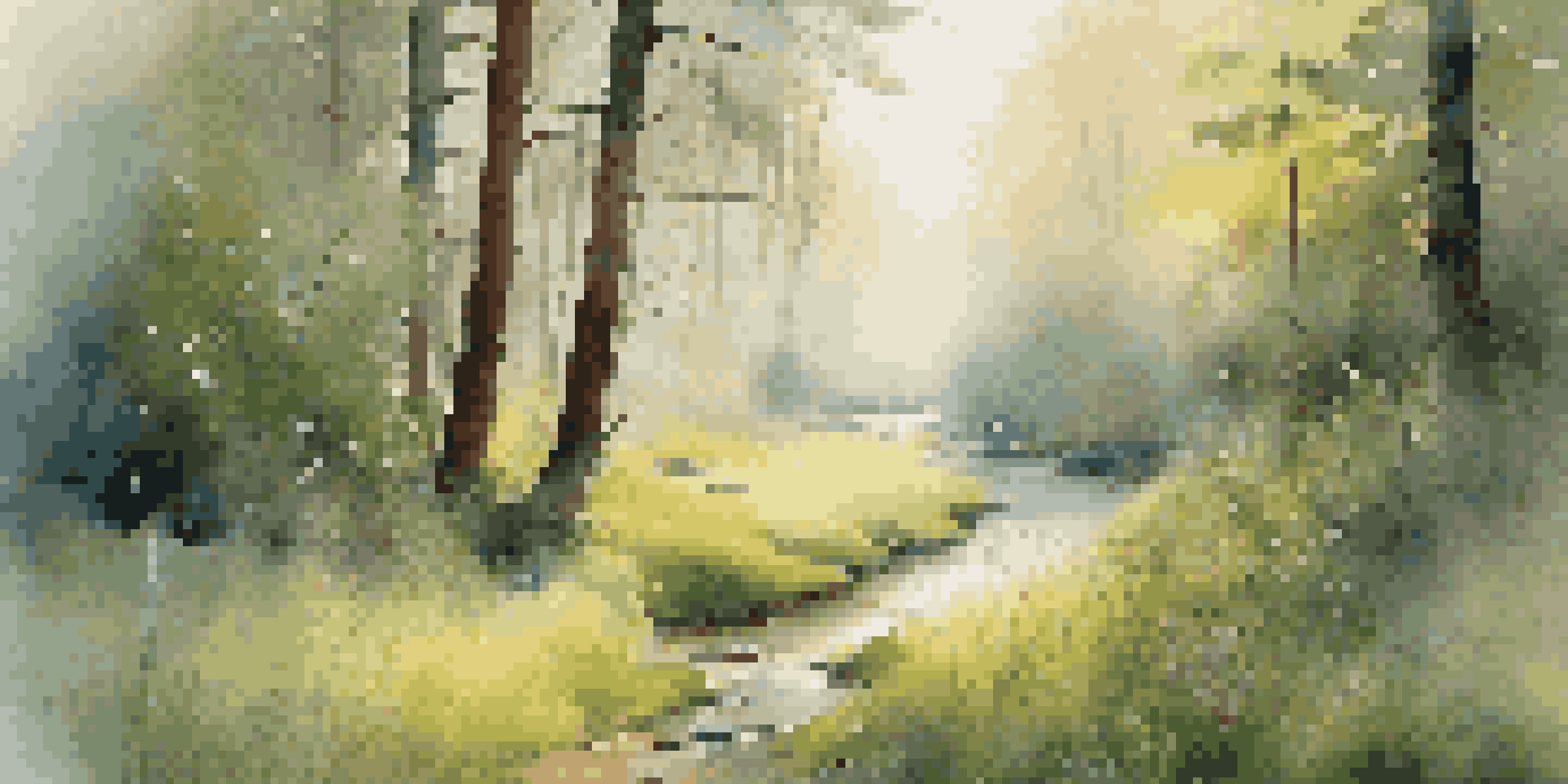 A peaceful forest scene at dawn with sunlight, tall trees, dew on grass, rising mist, and colorful wildflowers.