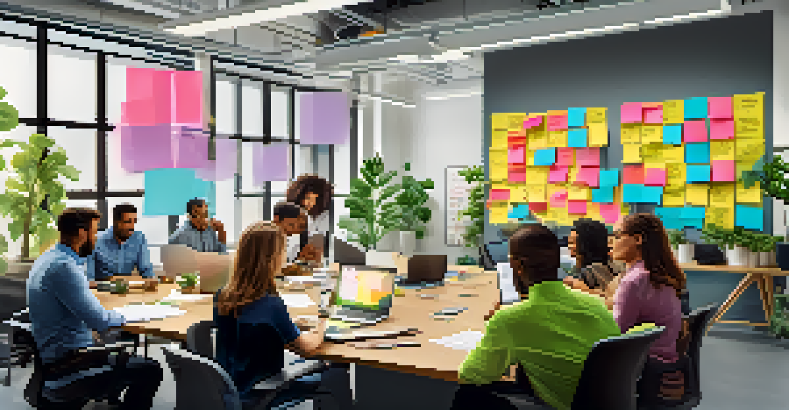 A bright office with a conference table where diverse team members are collaborating and brainstorming ideas.