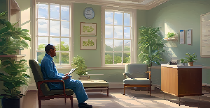 A patient and healthcare provider having a collaborative discussion in a warm, inviting healthcare environment.