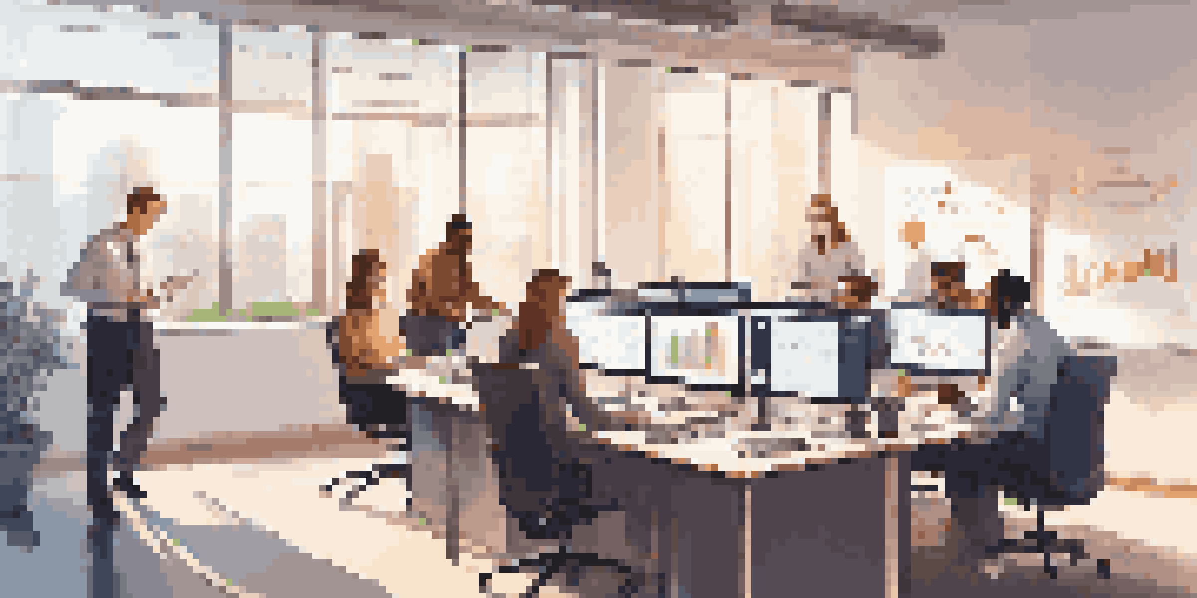 A diverse team of professionals working together in an office, analyzing data related to performance testing with laptops and a large screen displaying graphs.