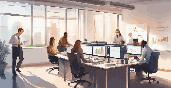 A diverse team of professionals working together in an office, analyzing data related to performance testing with laptops and a large screen displaying graphs.