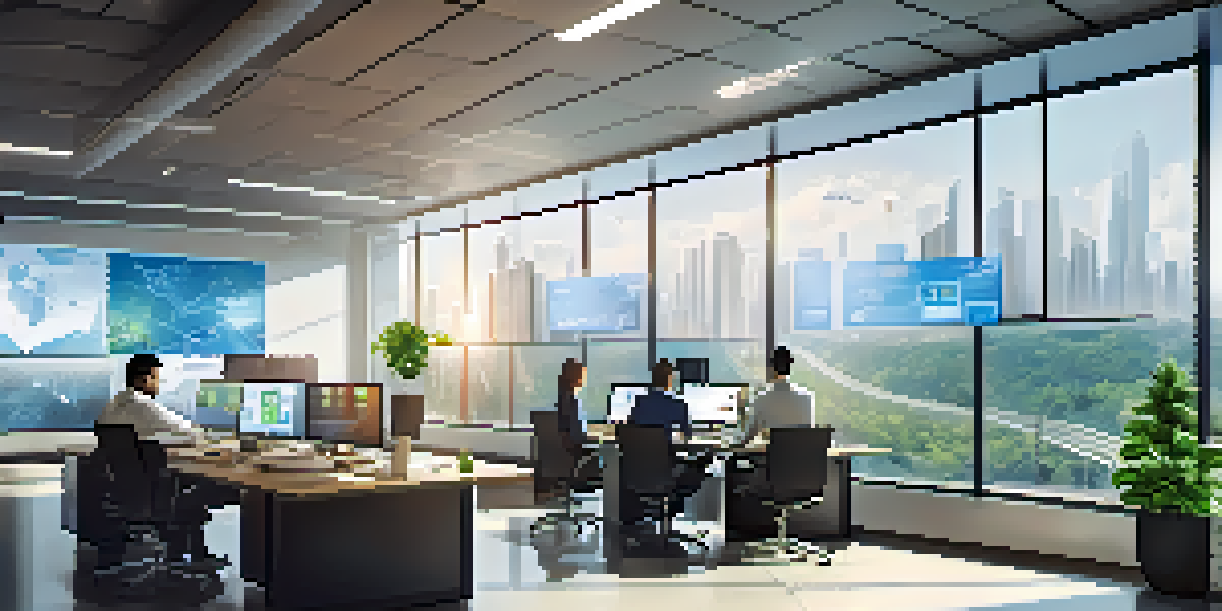 A bright modern office with multiple computer screens showing cloud data analytics and an employee working on a laptop.