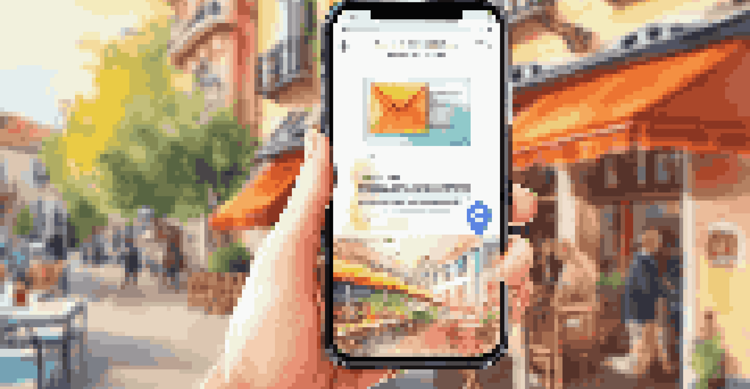A hand holding a smartphone showing a colorful, personalized email, with an outdoor café setting blurred in the background.