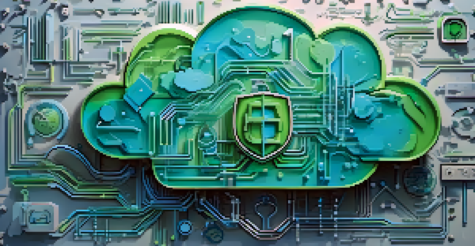 An abstract image of cloud security with locks, shields, and code snippets intertwined with a cloud symbol.