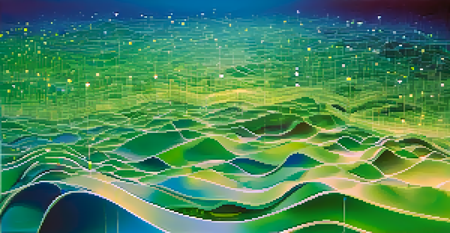 An abstract digital landscape illustrating data minimization with floating data points on a gradient background.