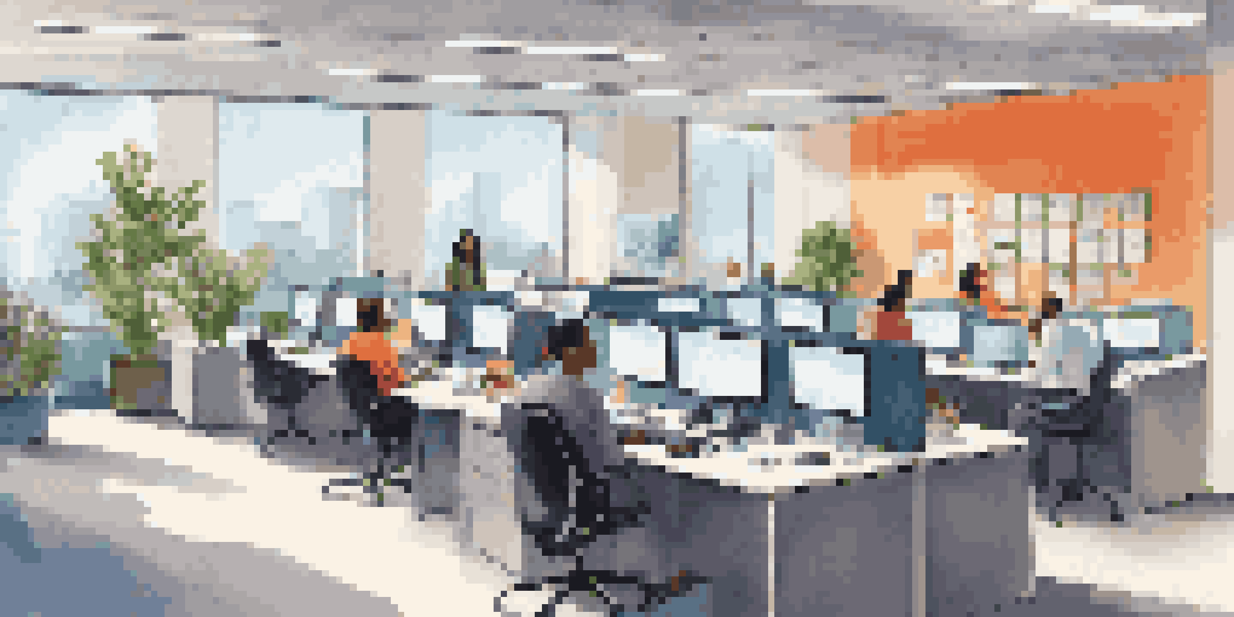 A diverse team of customer support agents working in a brightly lit modern office, engaged in conversations with customers.