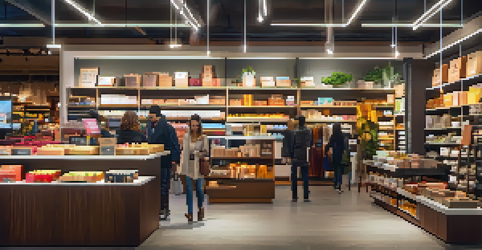 A welcoming e-commerce store with engaging product displays and happy shoppers interacting with a digital interface.