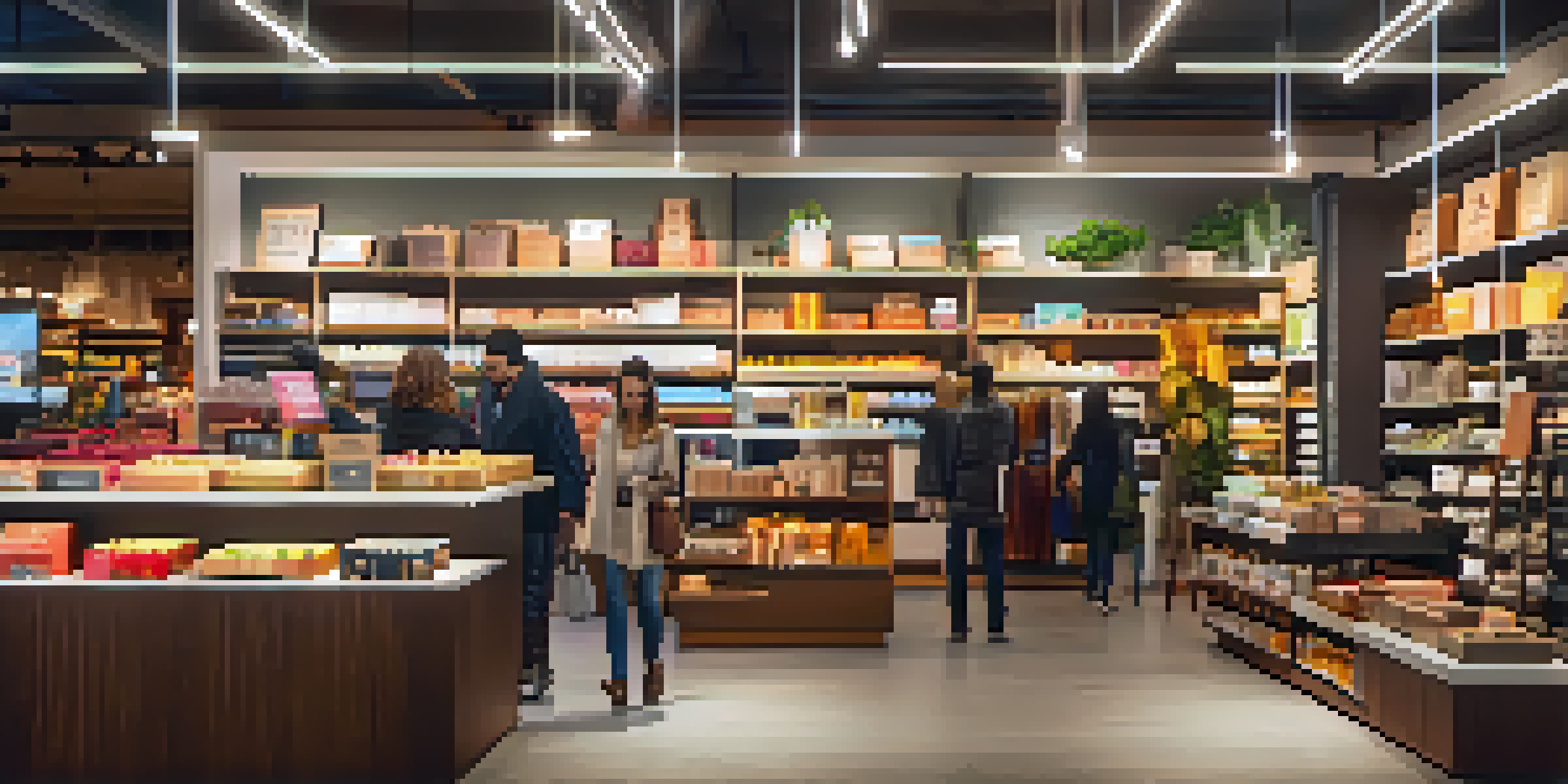 A welcoming e-commerce store with engaging product displays and happy shoppers interacting with a digital interface.