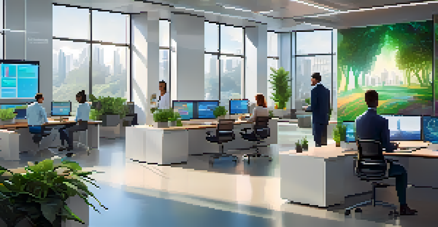A diverse team in a modern office analyzing data on large screens, surrounded by a bright and inviting environment.