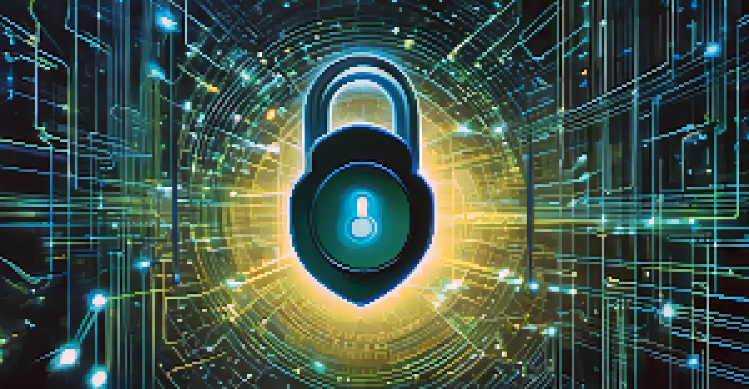 An abstract digital lock surrounded by binary code and interconnected nodes, symbolizing data privacy in a high-tech environment.