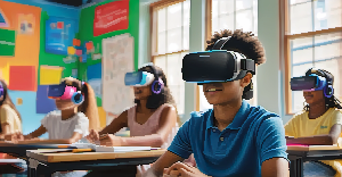 A classroom filled with students using virtual reality headsets, interacting with digital content, surrounded by colorful educational materials.