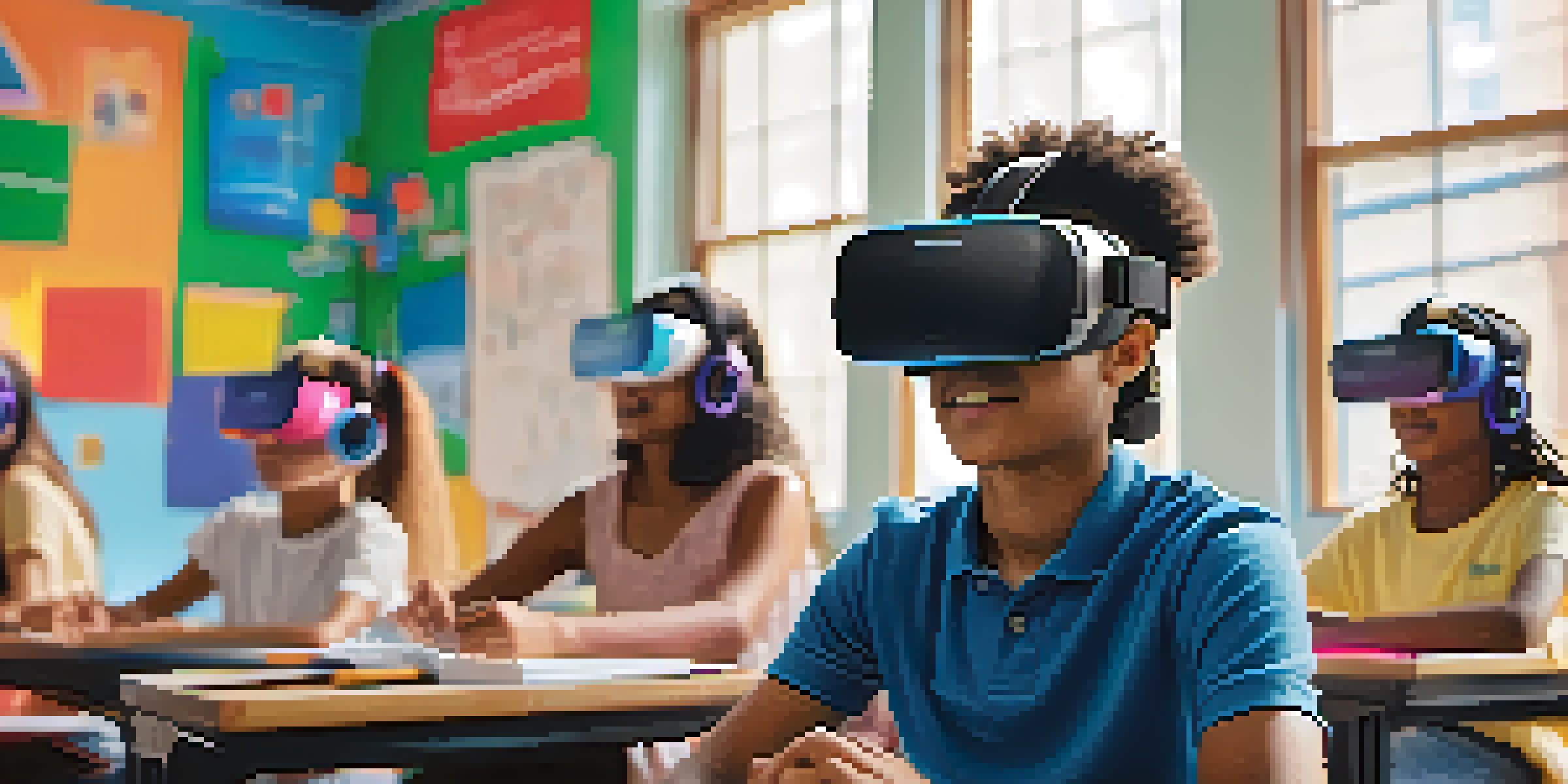 A classroom filled with students using virtual reality headsets, interacting with digital content, surrounded by colorful educational materials.