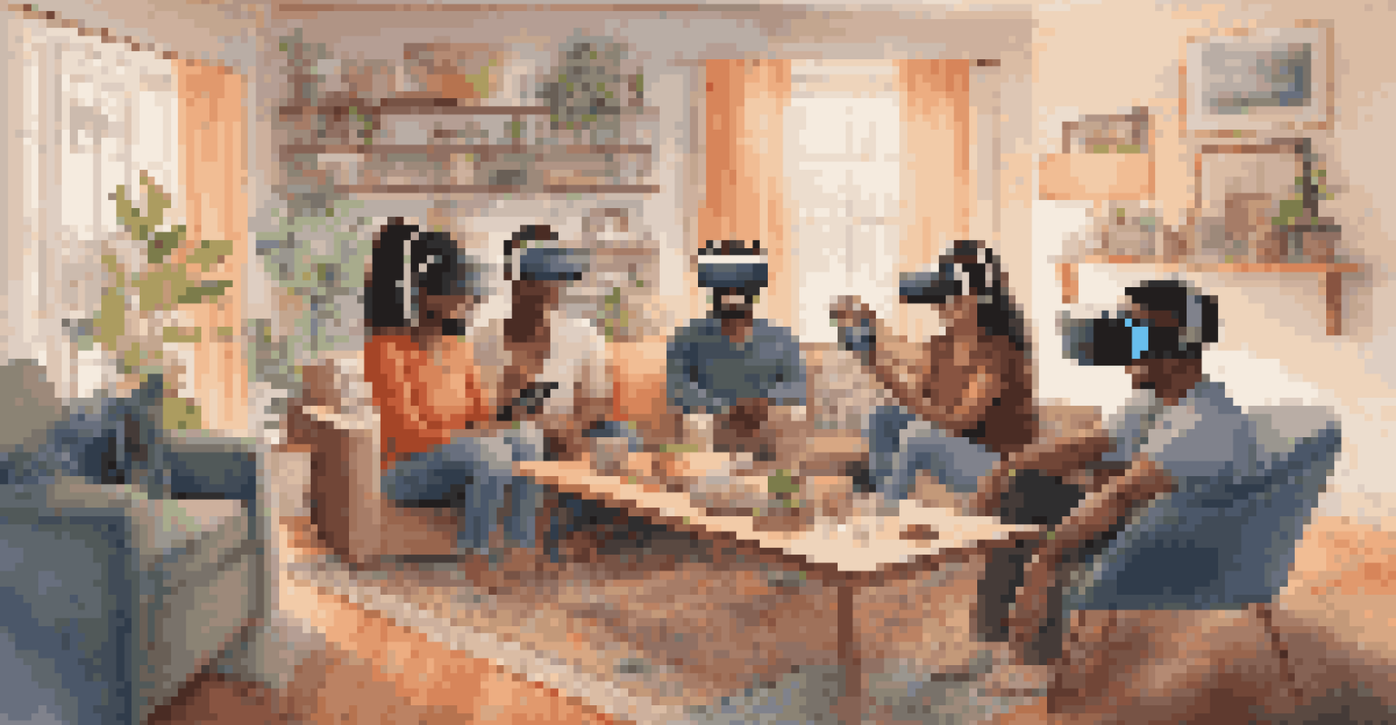A diverse group of people enjoying virtual reality together in a warmly lit living room, smiling and interacting with their surroundings.