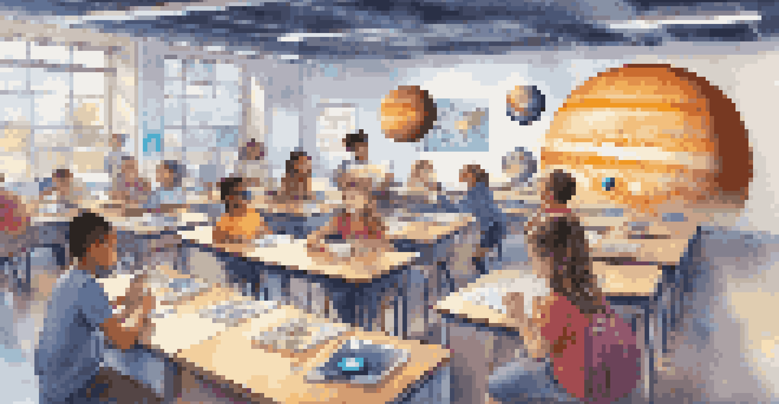 Students in a classroom using AR glasses to explore a colorful 3D model of the solar system, showing their excitement and engagement.