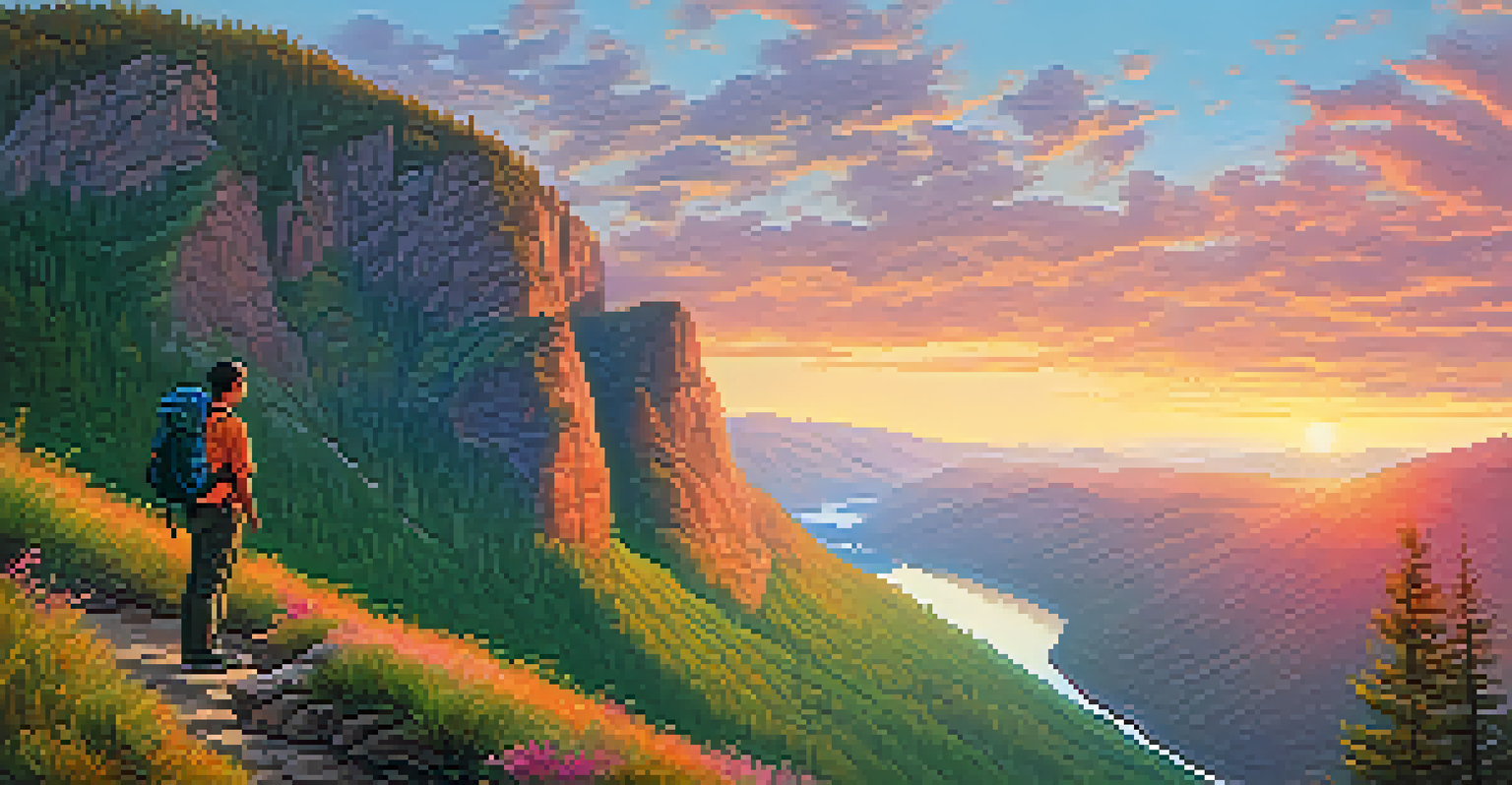 A hiker at a cliff's edge, overlooking a mountain valley at sunrise with vibrant colors in the sky.