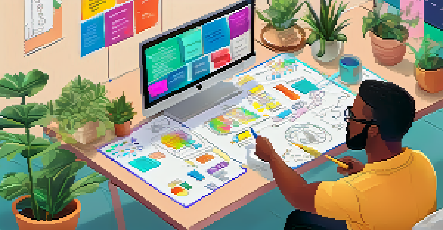 An overhead view of a digital brainstorming session on a virtual whiteboard, filled with colorful templates and flowcharts.