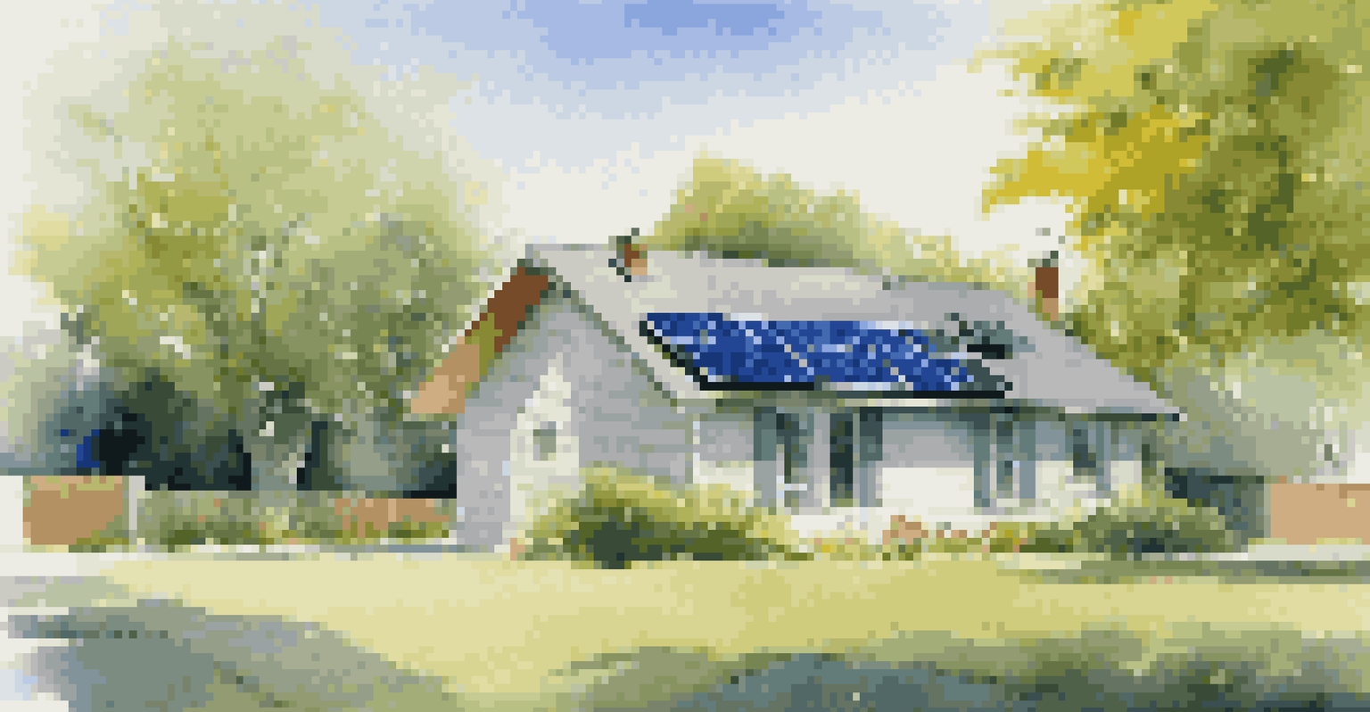 A house with solar panels on the roof under a bright blue sky, surrounded by green trees.
