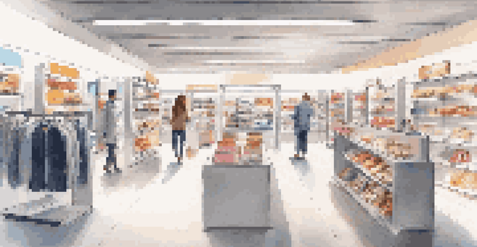 A bright and modern retail store interior filled with digital displays and customers using mobile shopping apps.