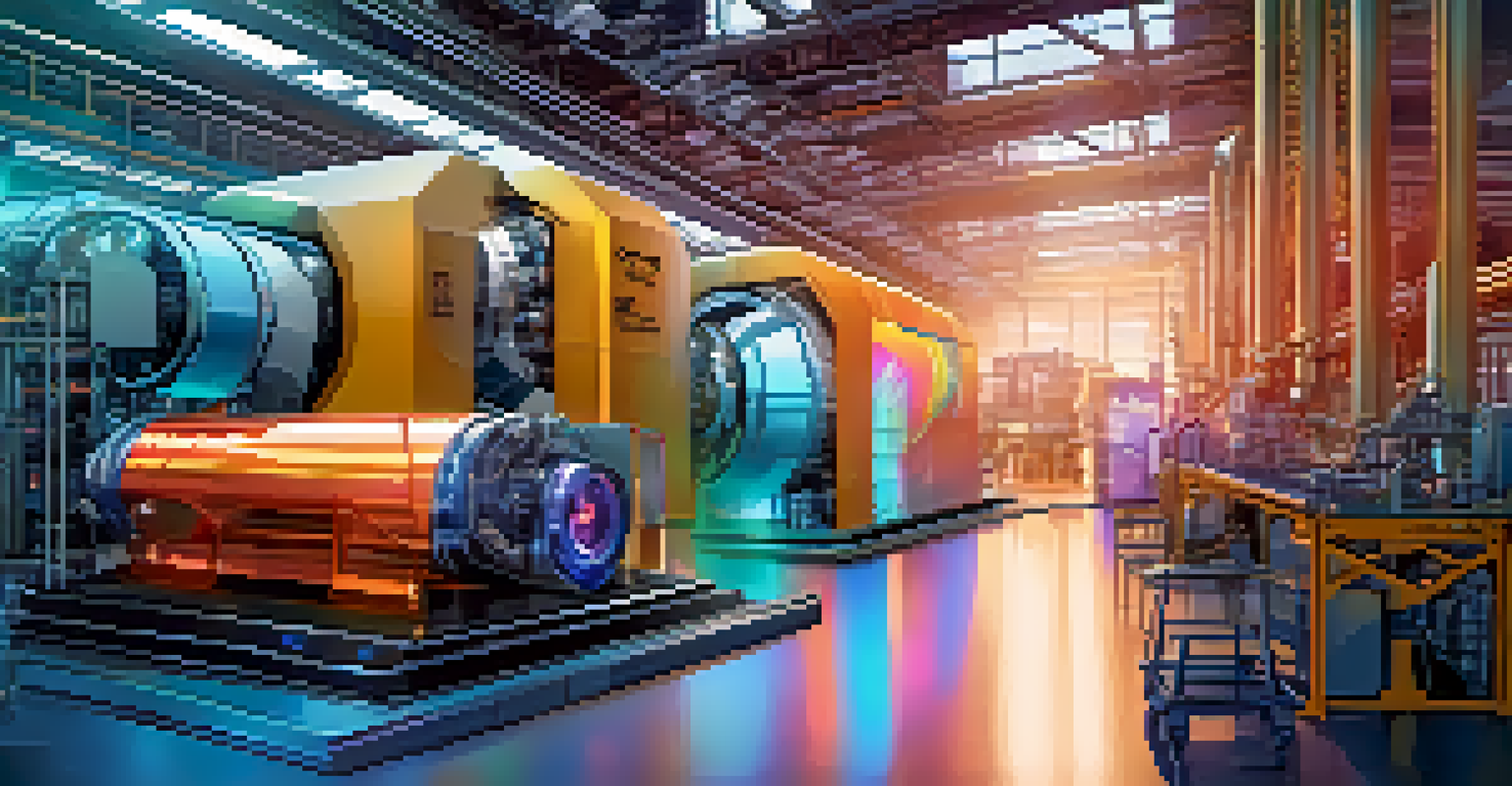 Artistic representation of digital twin technology in manufacturing, featuring a holographic factory model alongside physical equipment.