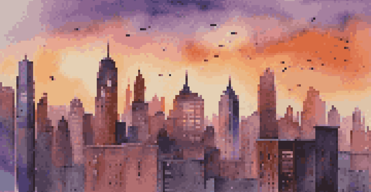 A colorful urban skyline at sunset with skyscrapers, historical buildings, and a sky filled with orange, pink, and purple hues.