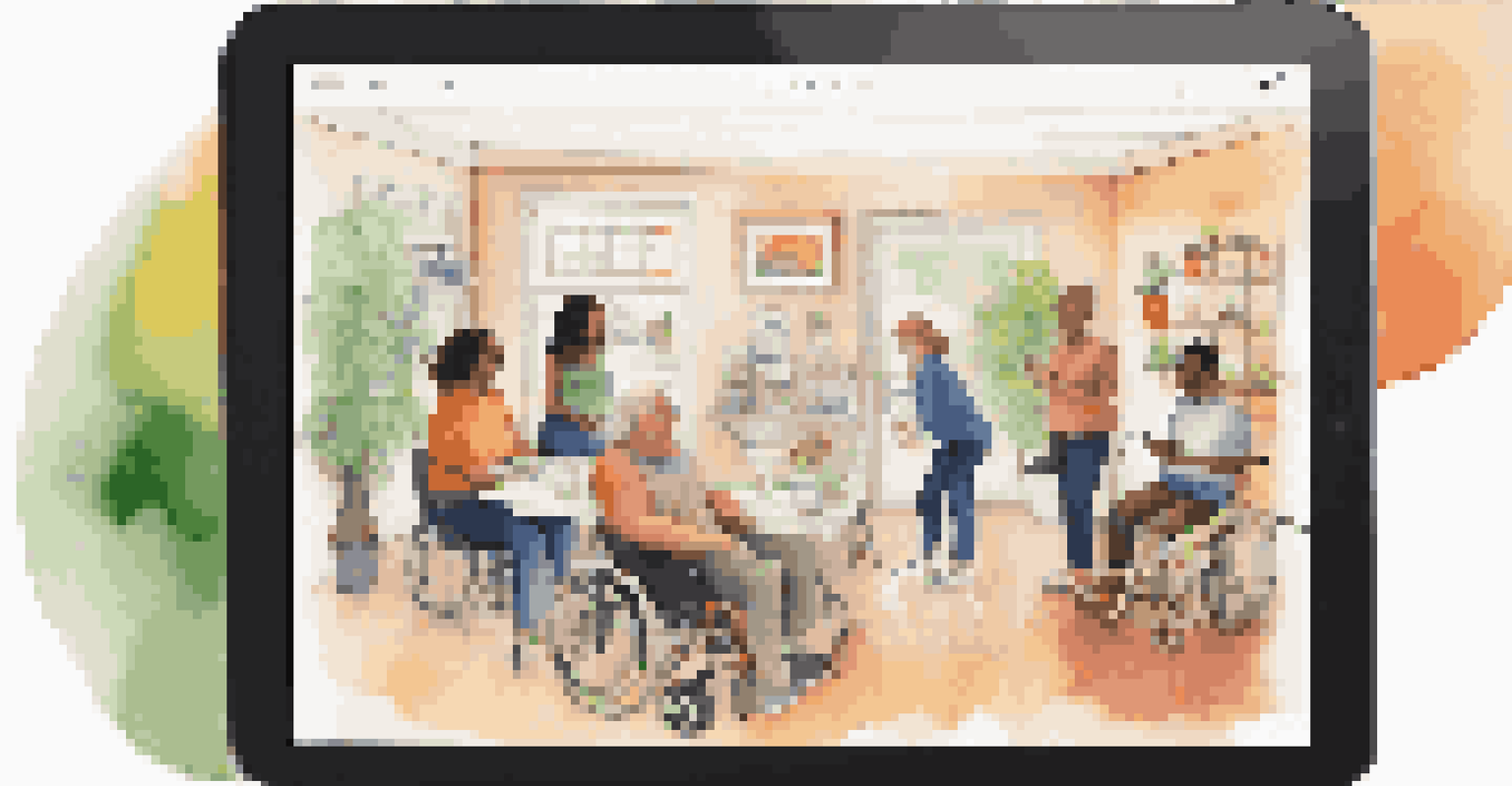 A tablet displaying accessibility features in a health app, surrounded by diverse users, highlighting inclusivity and user-friendly design.