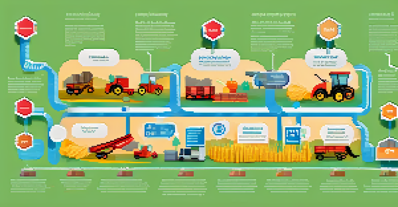 An infographic illustration of a supply chain process enhanced by blockchain technology, showing stages from farming to delivery.
