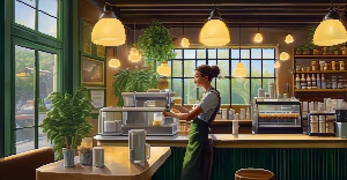 A barista making coffee in a warmly lit café with wooden furniture and plants.