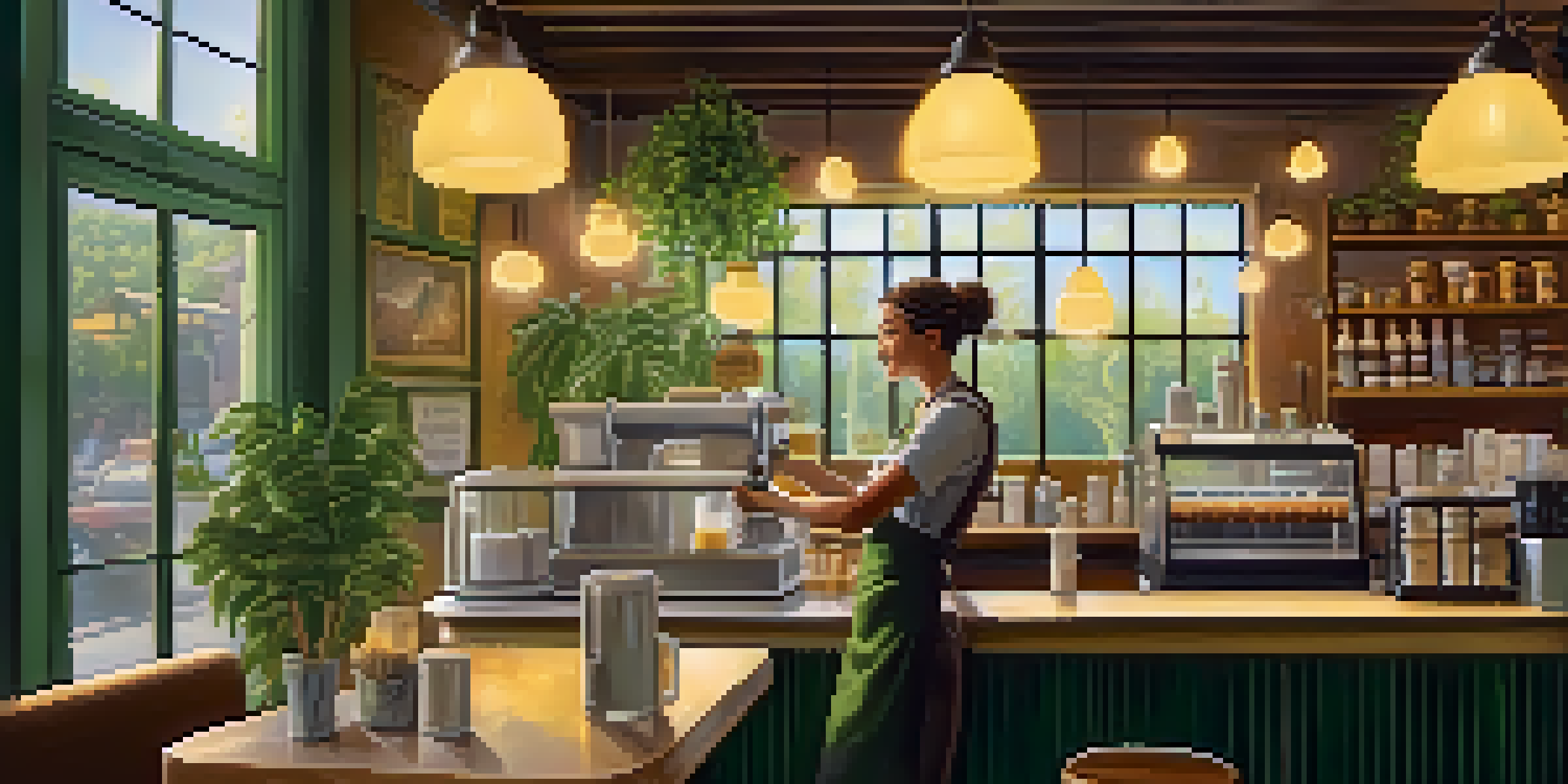 A barista making coffee in a warmly lit café with wooden furniture and plants.