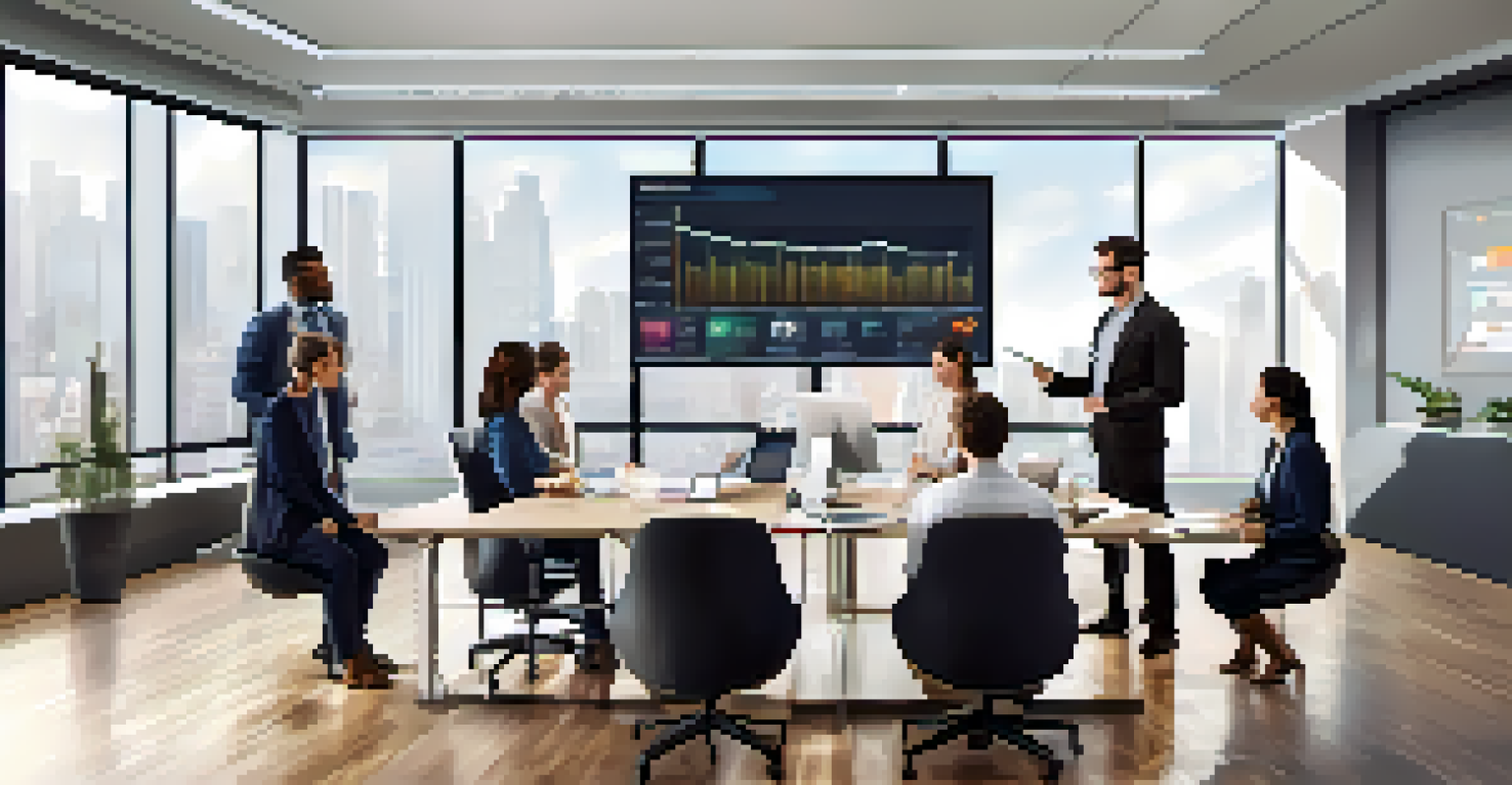 A diverse team in a modern office analyzing social media metrics displayed on a large screen.