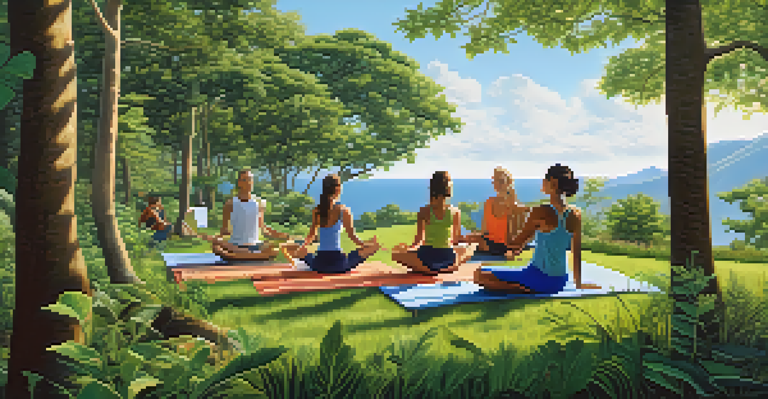 A peaceful outdoor scene with individuals hiking, cycling, and practicing yoga, surrounded by greenery and a blue sky, highlighting diverse interests and lifestyles.