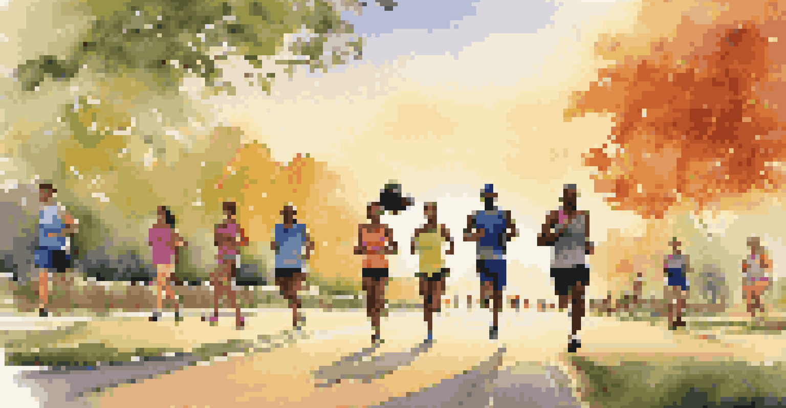 A diverse group of people jogging in a park, wearing fitness trackers during sunset.