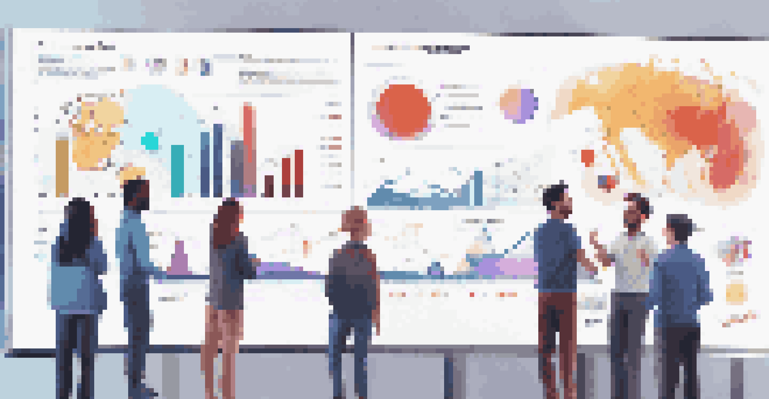 A digital screen displaying a vibrant infographic with data visualizations and scientific diagrams, while students engage in discussion around it.