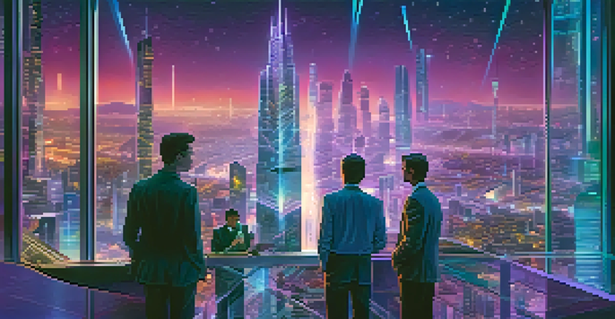 A futuristic city skyline at dusk with neon lights, showcasing skyscrapers and professionals discussing data privacy.