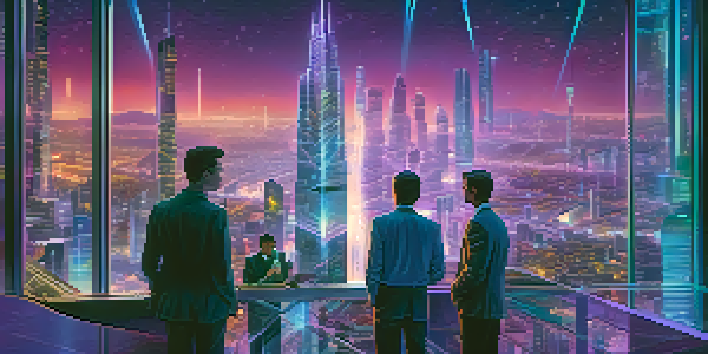 A futuristic city skyline at dusk with neon lights, showcasing skyscrapers and professionals discussing data privacy.