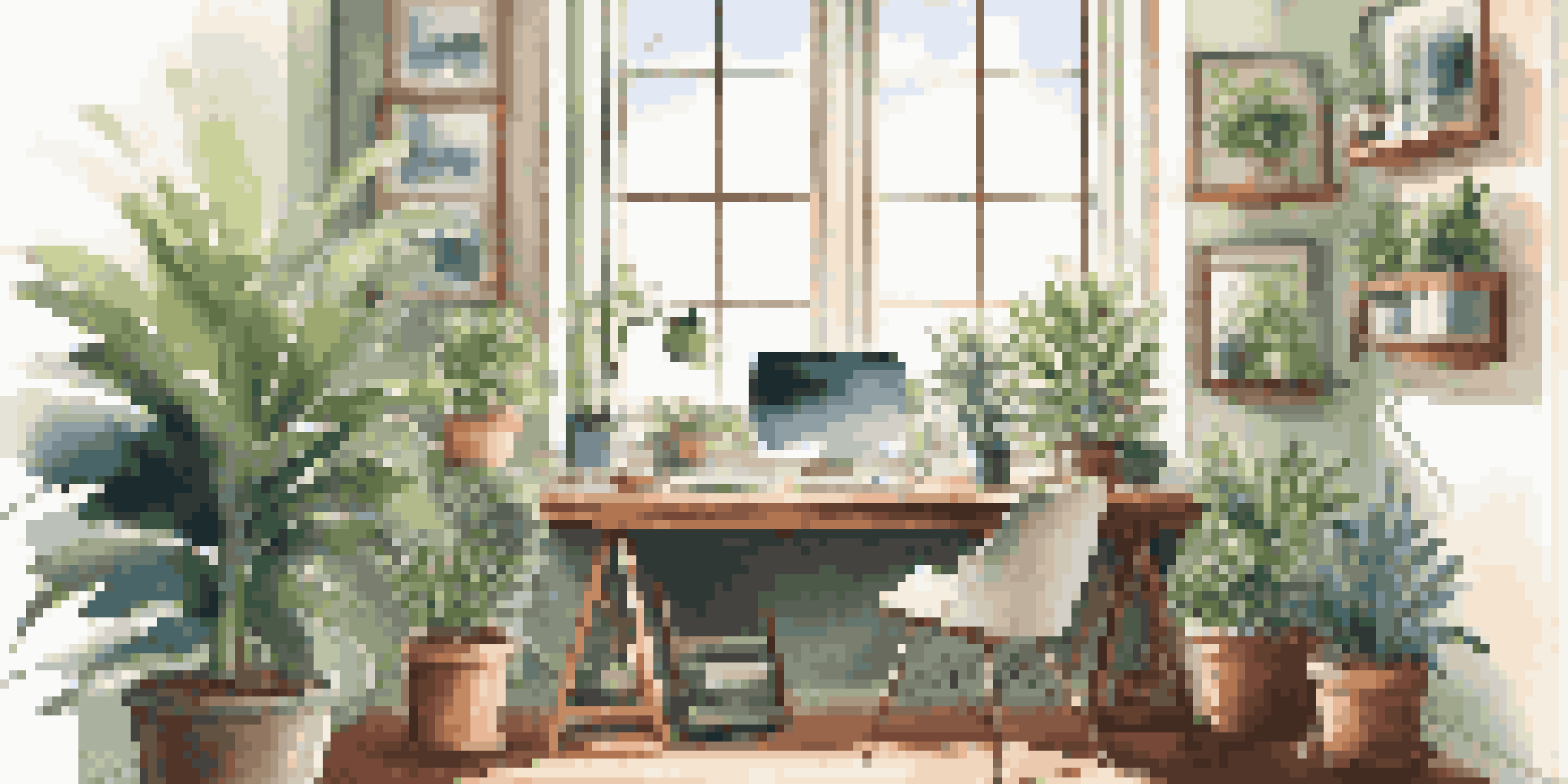 A bright and organized office workspace with a computer, plants, and a coffee mug on the desk, illuminated by sunlight.