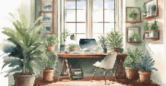 A bright and organized office workspace with a computer, plants, and a coffee mug on the desk, illuminated by sunlight.