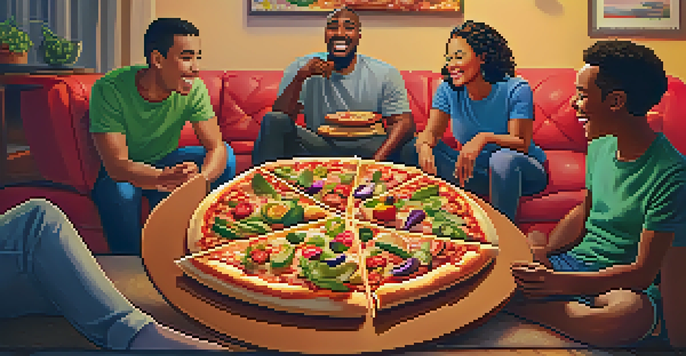A diverse group of friends enjoying pizza together, discussing toppings in a cozy living room.