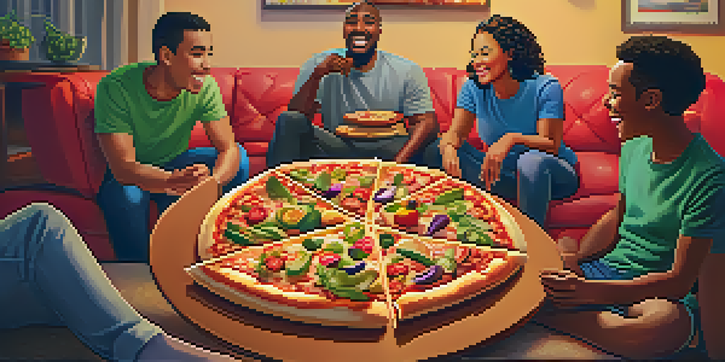A diverse group of friends enjoying pizza together, discussing toppings in a cozy living room.