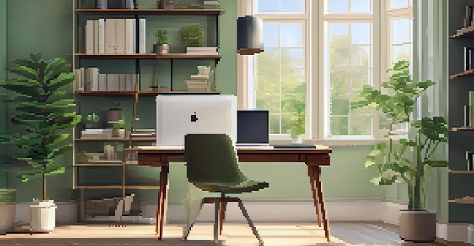 A modern office workspace with a wooden desk, laptop, notepad, and a potted plant, illuminated by warm sunlight through a large window.