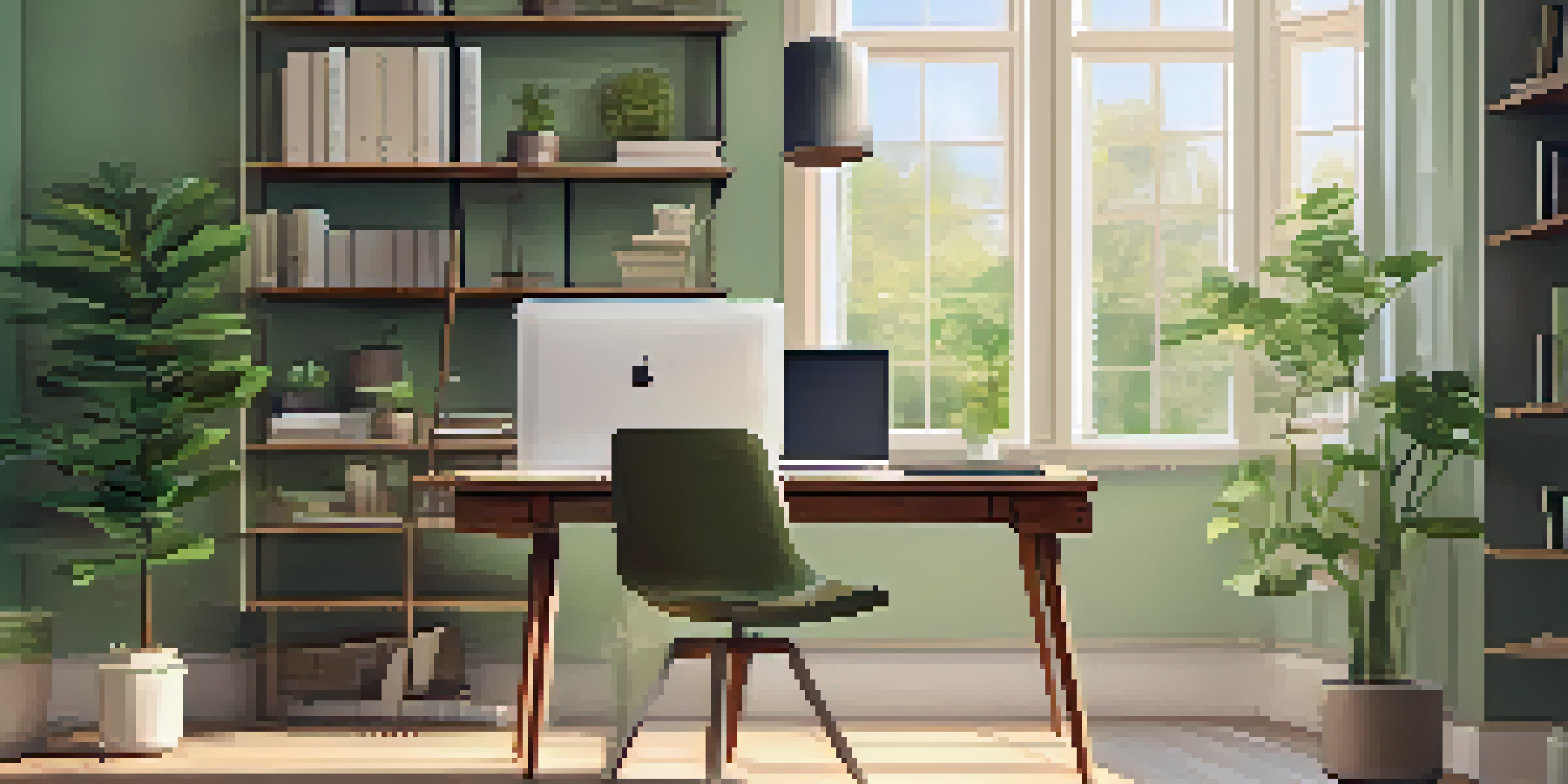 A modern office workspace with a wooden desk, laptop, notepad, and a potted plant, illuminated by warm sunlight through a large window.