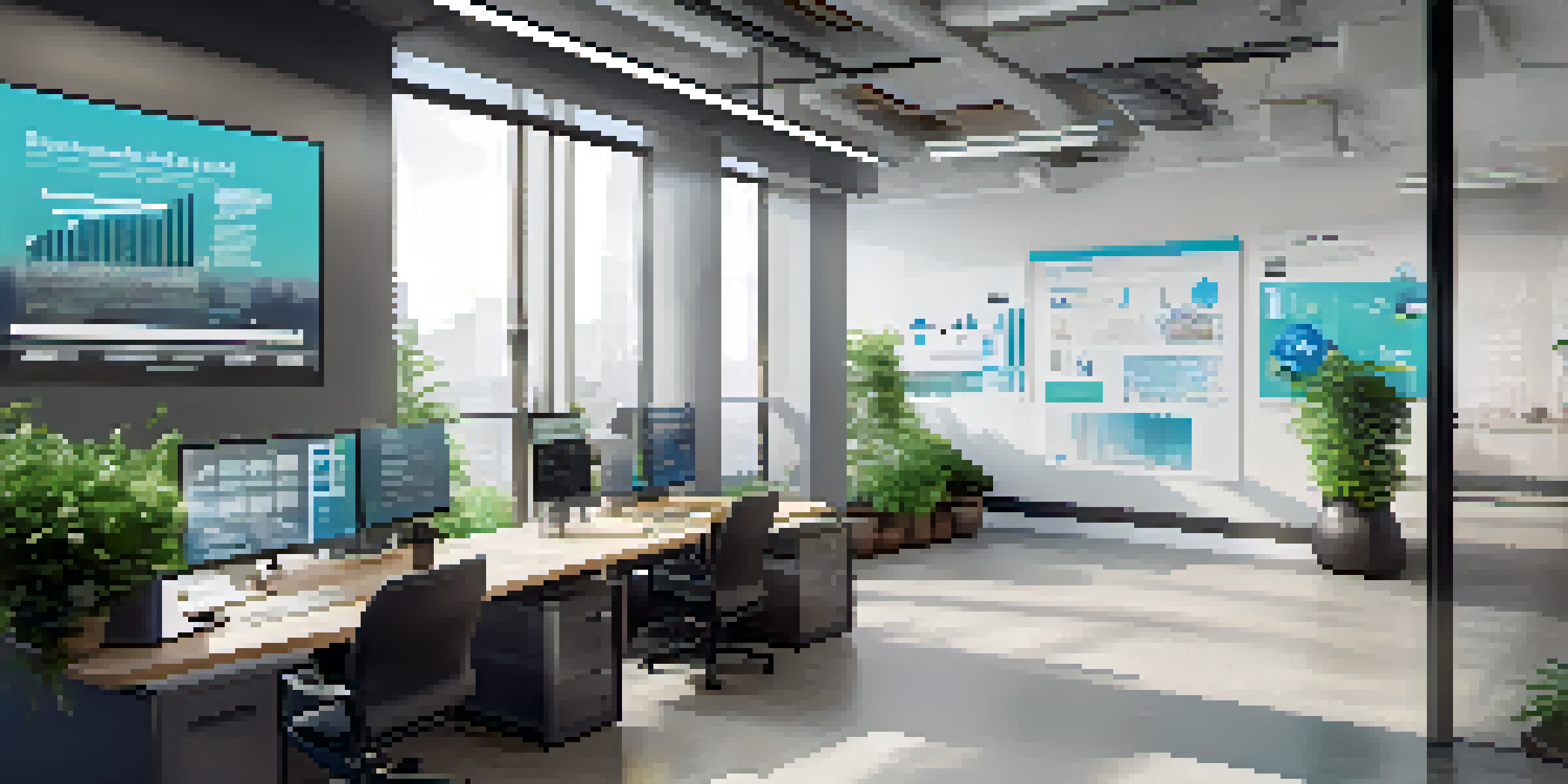 A modern office workspace with a computer showing API management analytics, large windows, and a potted plant.